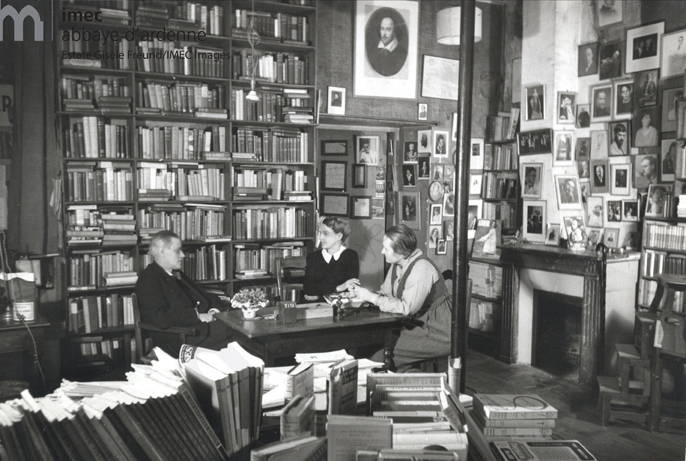 James Joyce, Sylvia Beach, and Adrienne Monnier in Sylvia's bookshop: Shakespeare and Co.