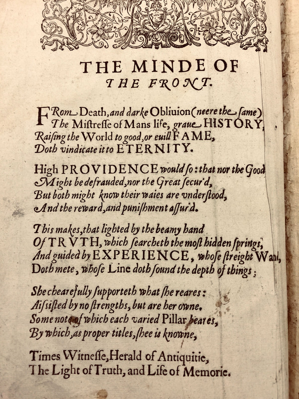 Ben Jonson's Explanatory Poem from Walter Ralegh's History of the World, 1614