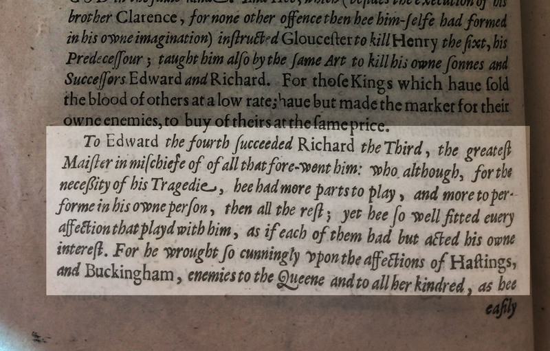 Excerpt from the Preface of Sir Walter Ralegh's History of the World exemplifying his use of theatrical language and Richard III