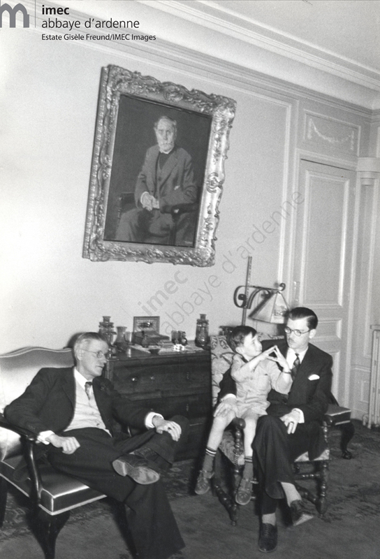 4 generations of Joyces: James Joyce with son Giorgio and grandson Stephen under the portrait of Joyce's father, painted by the Irish painter [Patrick Tuohy]