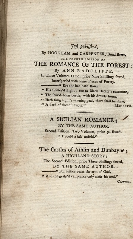 Publication Advertisement in James Boaden's<em> Fontainville Forest.</em>