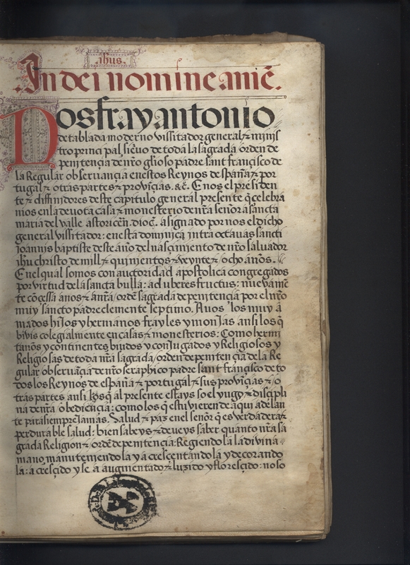 Folio 1r, first folio of manuscript. <em>Regla de la Sagrada Orden de Penitencia. </em>