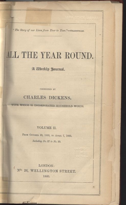 Cover of <em>All the Year Round </em>vol II, bound collection.  <em><br /></em>