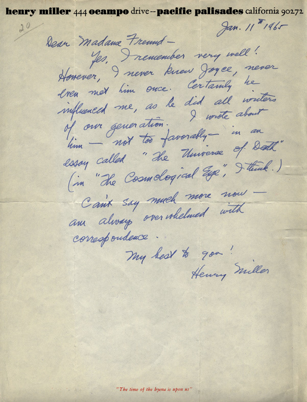 Letter from Henry Miller to Gisèle Freund