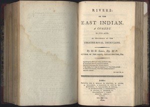 Title page of <em>Rivers: or the East Indian </em>by M. G. Lewis, Esq. M.P.