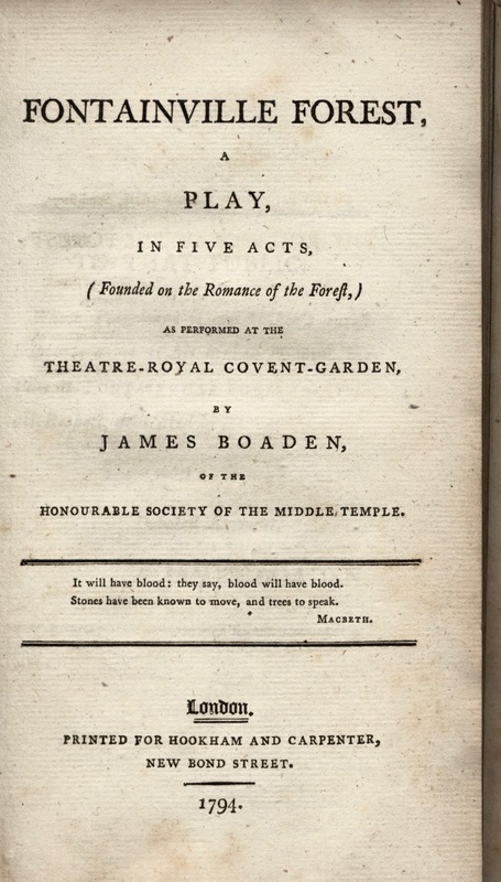 Title Page for James Boaden's <em>Fontainville Forest.</em>