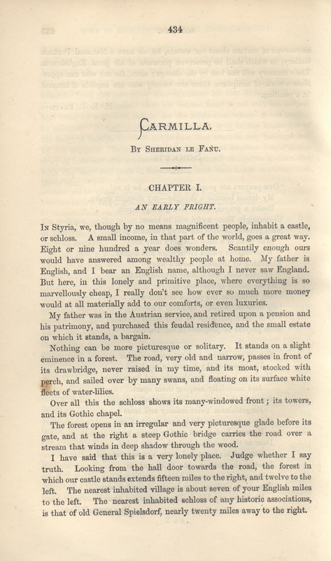 Chapter One of "Carmilla" by J. Sheridan Le Fanu.