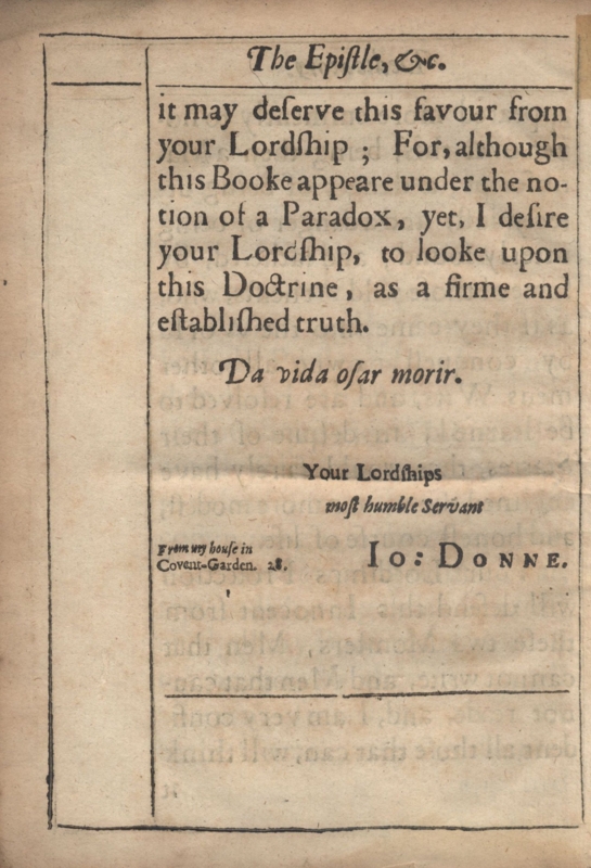 Back of Dedicatory Letter in Donne's <em>Biathanatos</em>